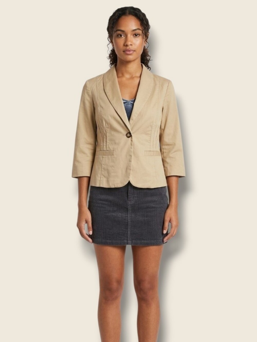 Cass Women's Beige Single Button Down 3/4 Sleeve Petit Blazer